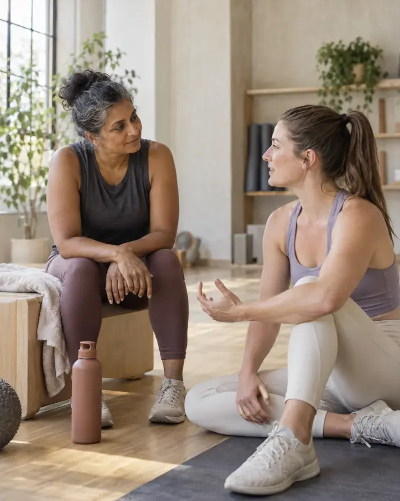 Two adults discuss movement goals during a coaching conversation