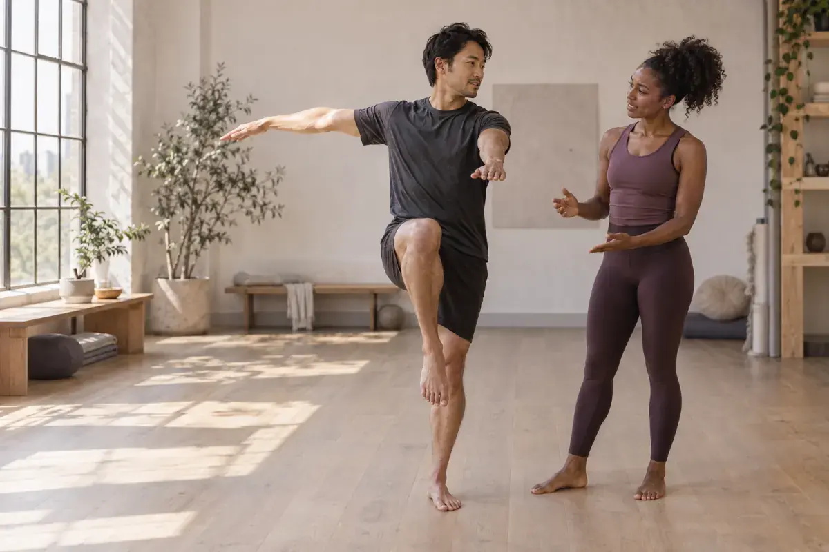 A coach guides an adult through a balance exercise in a bright studio